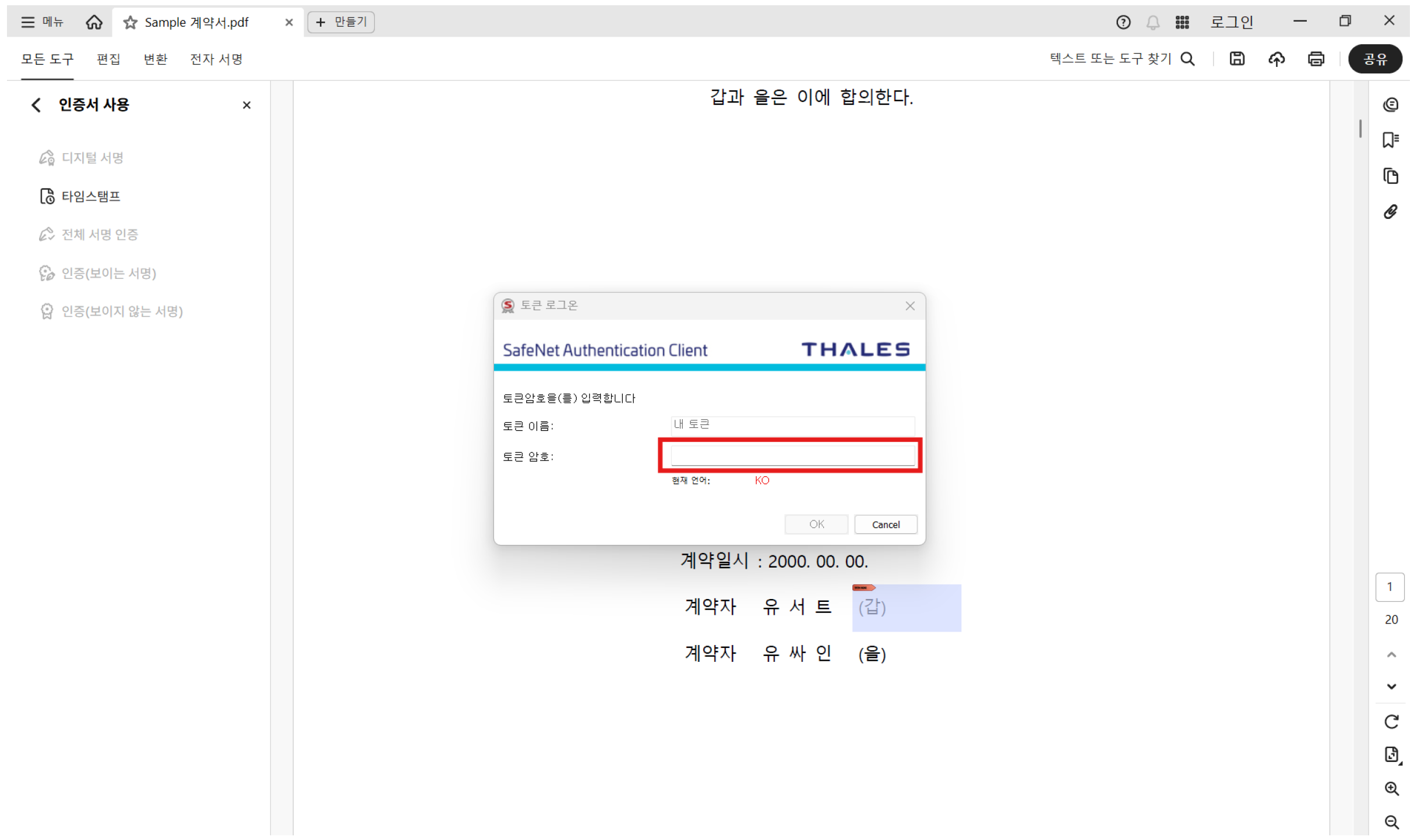 토큰 암호 입력